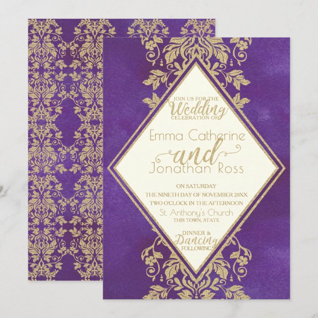 Damask Gold und Royal Lila Wedding Einladung (Vorne/Hinten)