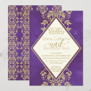 Damask Gold und Royal Lila Wedding Einladung
