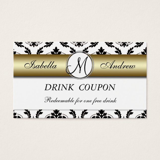 Damask Gold Wedding Free Drink Coupon Card (Vorderseite)
