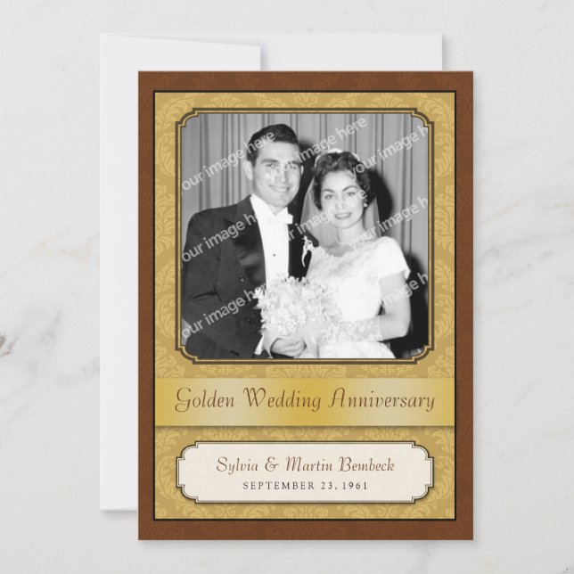 Damask Golden 50-jähriges Party Einladung (Vorderseite)