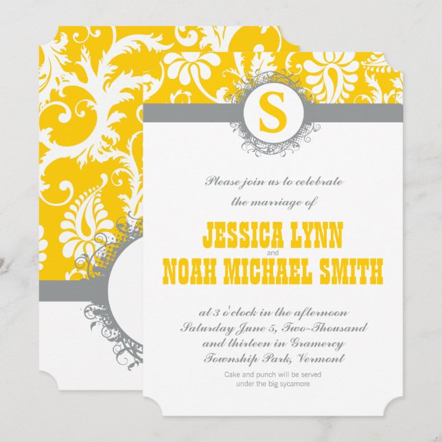 Damask Gray Jaune Monogramme Mariage Invitation (Devant / Derrière)
