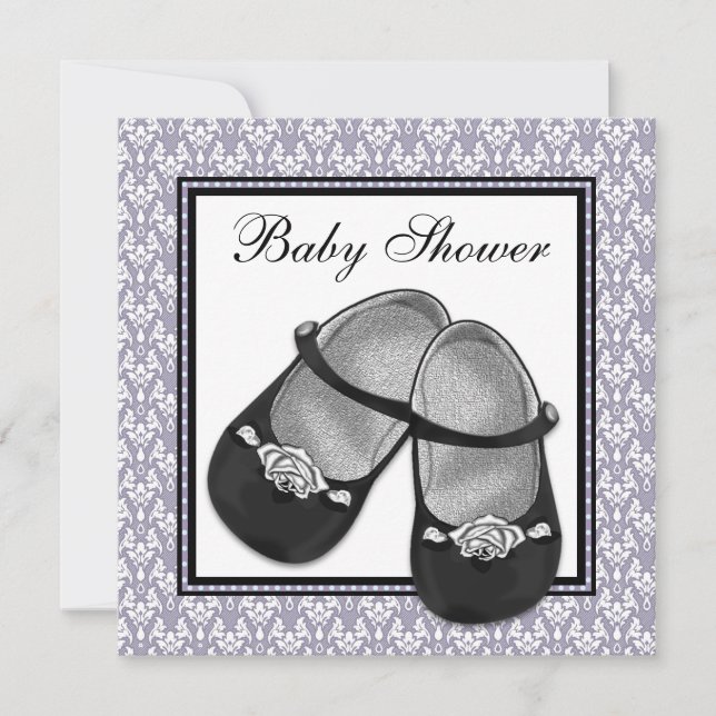 Damask Gray Lila Lavendel Baby Dusche Einladung (Vorderseite)