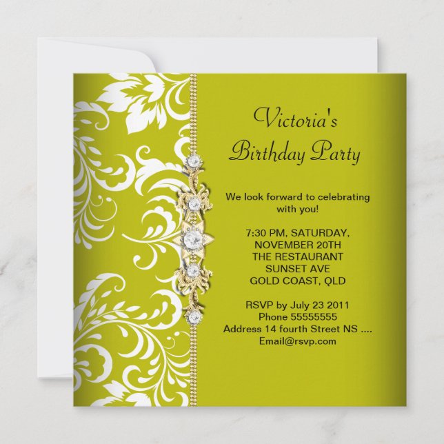 Damask Green Avocado White Birthday Party Gold Einladung (Vorderseite)