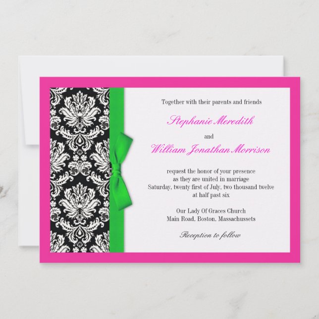 Damask Green Bow mit Hot Pink Wedding Einladung (Vorderseite)