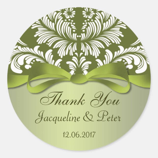 Damask grün und weiß Danke für die Hochzeit Runder Aufkleber (Vorderseite)