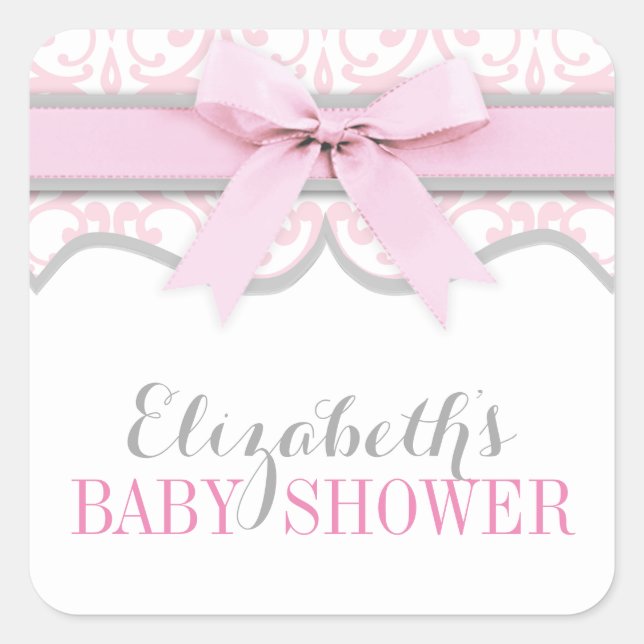 Damask Heart Pink Ribbon Babyaufkleber Quadratischer Aufkleber (Vorderseite)