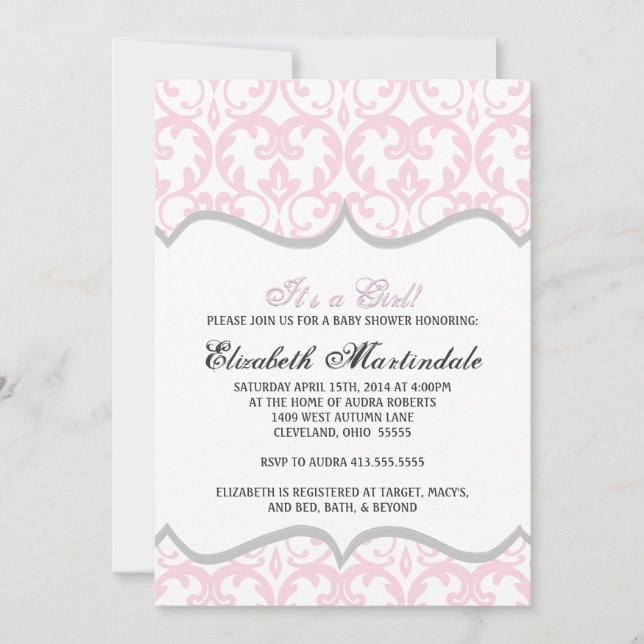 Damask Heart Pink Ribbon Babydusche Einladung (Vorderseite)