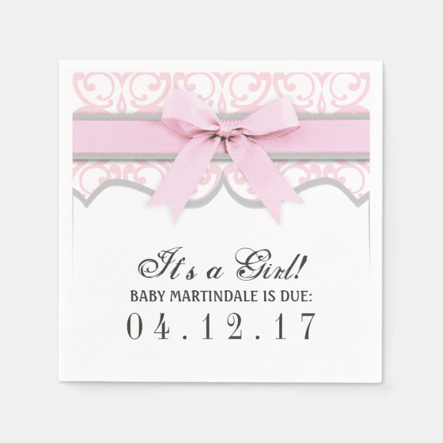 Damask Heart Pink Ribbon Babydusche Napkin Serviette (Vorderseite)
