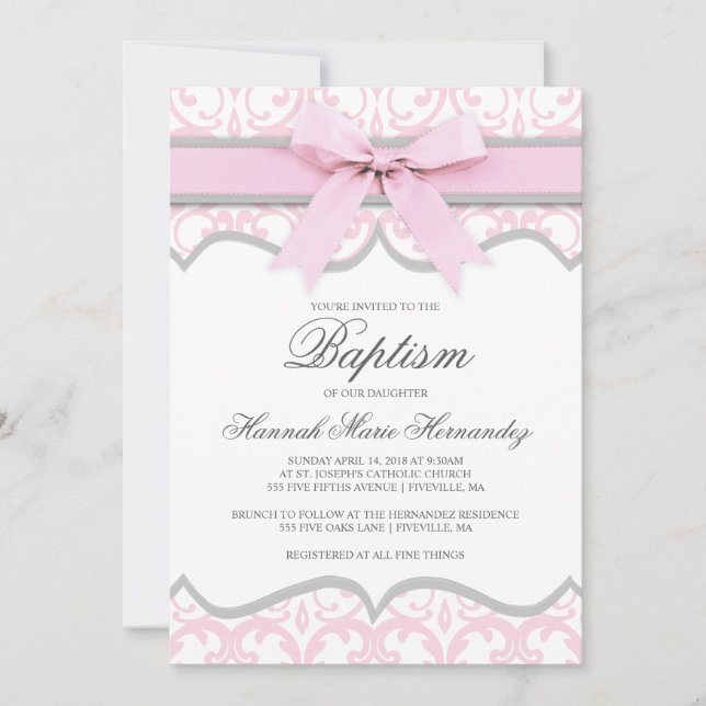 Damask Heart Pink Ribbon Taufe einladen Einladung (Vorderseite)