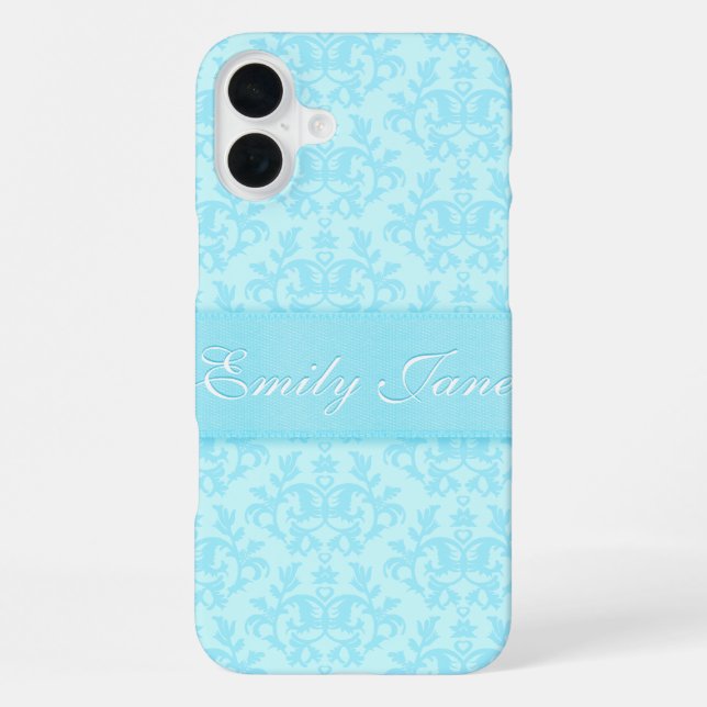 Damask hellblauer individuelle Name iPhone 16 Plus Hülle (Rückseite)