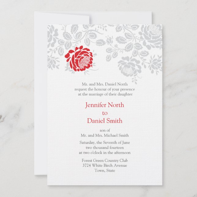 Damask Hochzeiten rot und grau Einladung (Vorderseite)