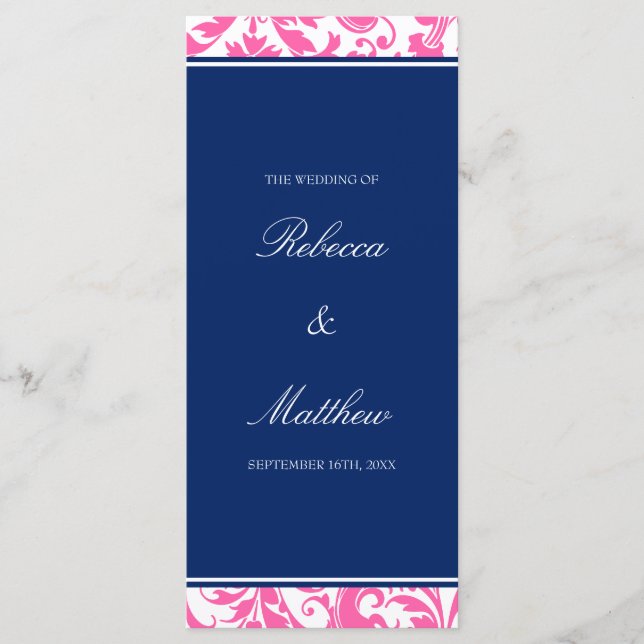 Damask Hochzeitsprogramm für Navy Blue and Pink Wi Programm (Vorderseite)
