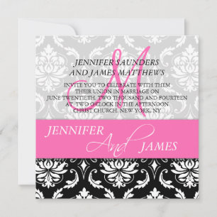 Damask Hot Pink Monogramm Name Hochzeitsaufenthalt Einladung