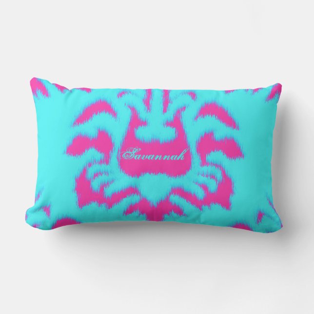 Damask Ikat Bright Aqua & Hot Pink Coussin (Recto)