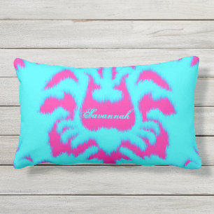 Damask Ikat Bright Aqua & Hot Pink Coussin