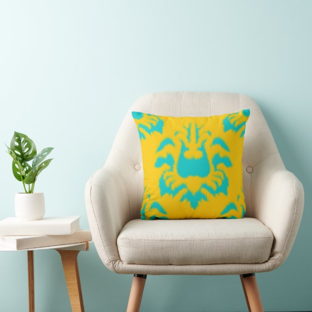 Damask Ikat Mustard Yellow Bright Aqua Coussin (Chaise)