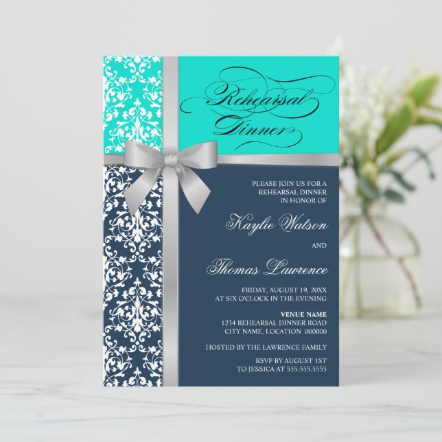 Damask Imitate Silber Ribbon Probe Abendessen Einladung (Stehend Vorderseite)