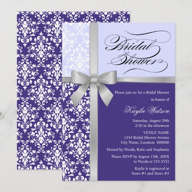 Damask Imitate Silver Ribbon Lila Brautparty Einladung (Vorne/Hinten)