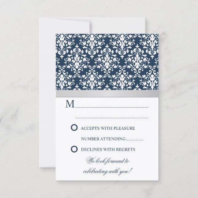 Damask Imitate Silver Ribbon Navy Hochzeit RSVP (Rückseite)