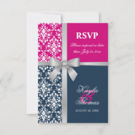 Damask Imitate Silver Ribbon Navy Hochzeit RSVP Karte