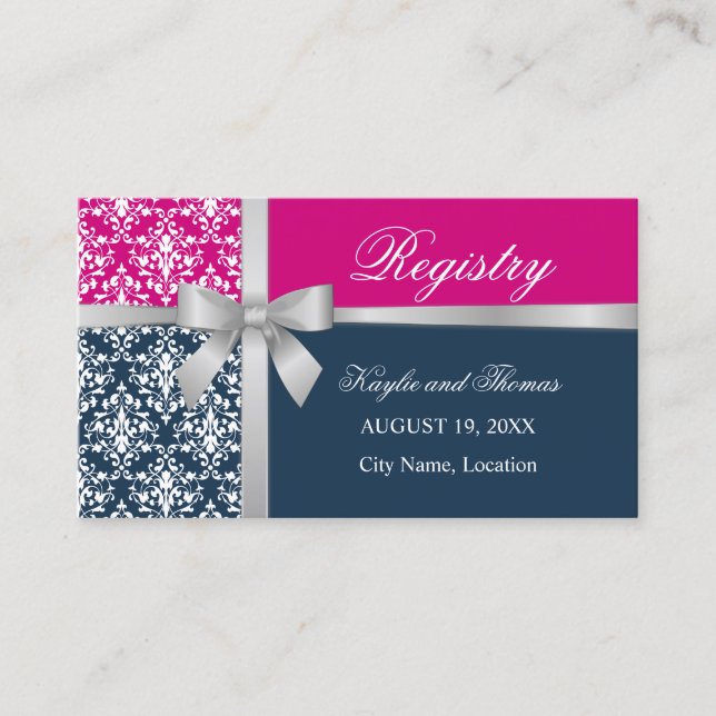 Damask Imitats Slide Ribbon Navy Blue Fuchsia Beil Visitenkarte (Vorderseite)
