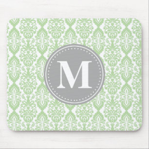 Damask in Mint Green Grey Monogram Mousepad