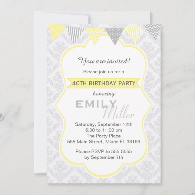 Damask Jaune Grey Adulte Invitation Anniversaire (Devant)