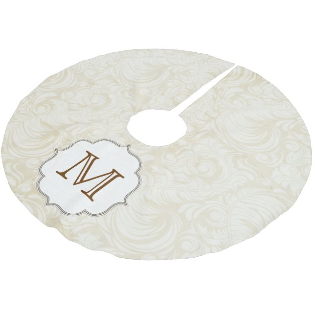 Damask Lace Print Monogram Initial Tree Skirt Polyester Weihnachtsbaumdecke (Schrägansicht)