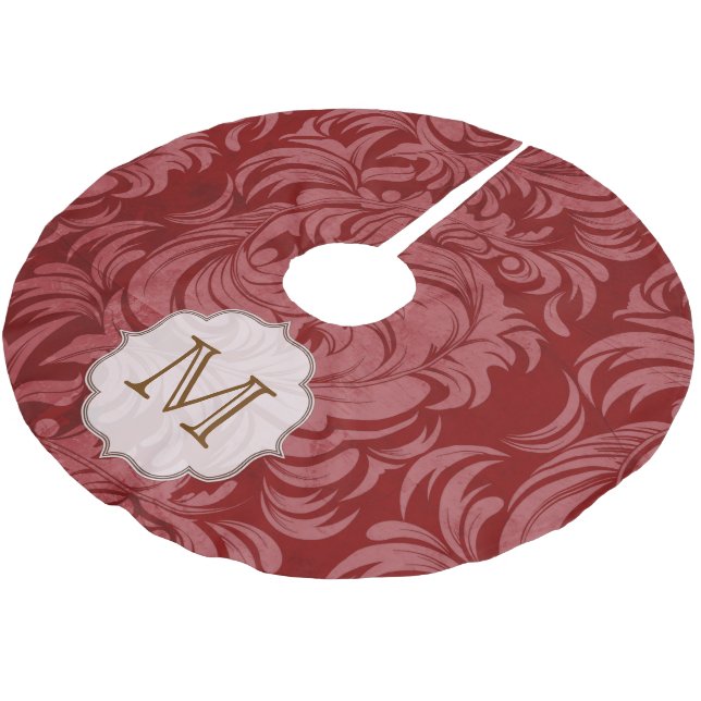 Damask Lace Print Monogram Initial Tree Skirt Polyester Weihnachtsbaumdecke (Schrägansicht)