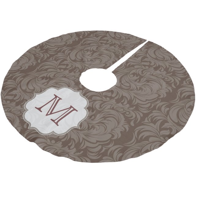 Damask Lace Print Monogram Initial Tree Skirt Polyester Weihnachtsbaumdecke (Schrägansicht)