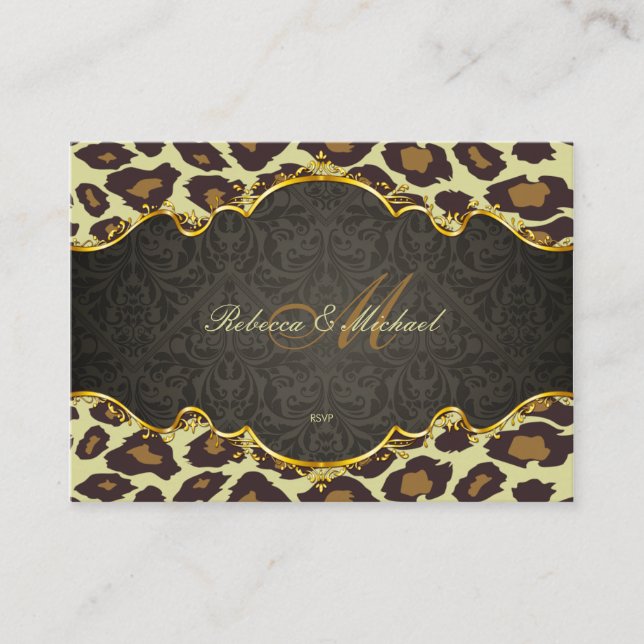Damask Leopard Monogram Wedding RSVP Cards Begleitkarte (Vorderseite)