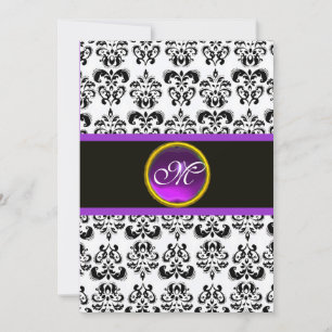DAMASK LILA AMETHYST MONOGRAM, schwarzweiß Einladung