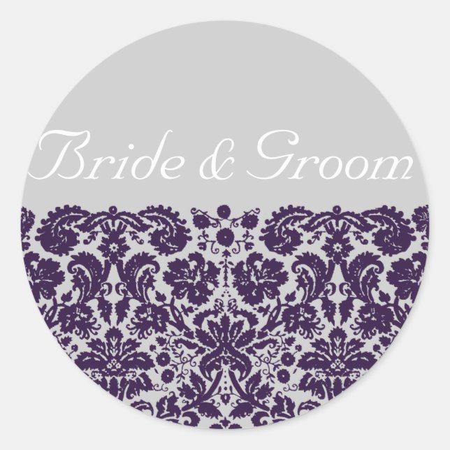 Damask Lila Hochzeit Runder Aufkleber (Vorderseite)