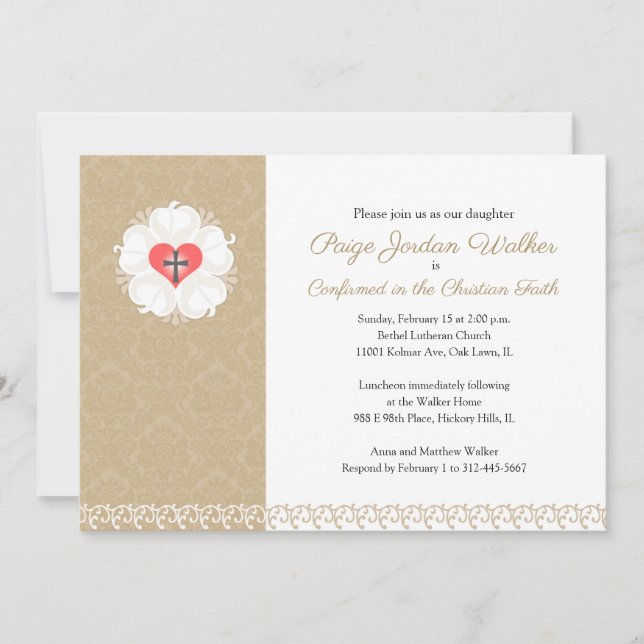 Damask Lutheran Cross Bestätigung Einladung (Vorderseite)