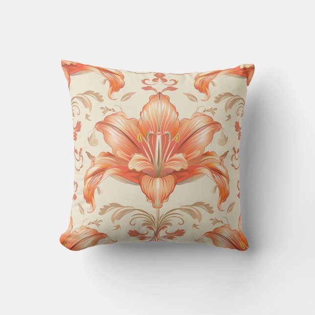 Damask luxuriöse Struktur der Korallenlilie Blume  Kissen (Vorderseite)