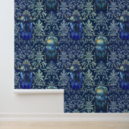 Damask luxuriöse Textur des grünen, blauen Insekte Tapete
