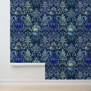 Damask luxuriöse Textur des grünen, blauen Insekte Tapete