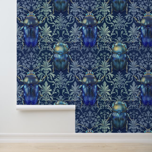 Damask luxuriöse Textur des grünen, blauen Insekte Tapete (Anwendung)