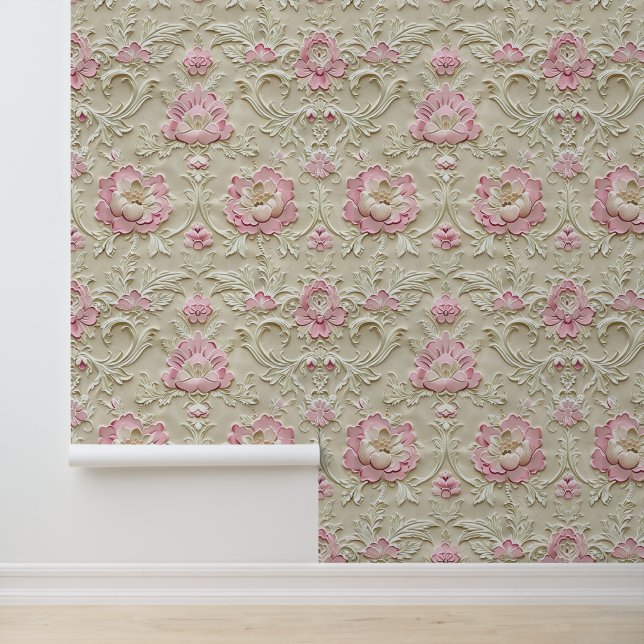 Damask Luxus beige Textur rosa Rosenblüte Tapete (Anwendung)
