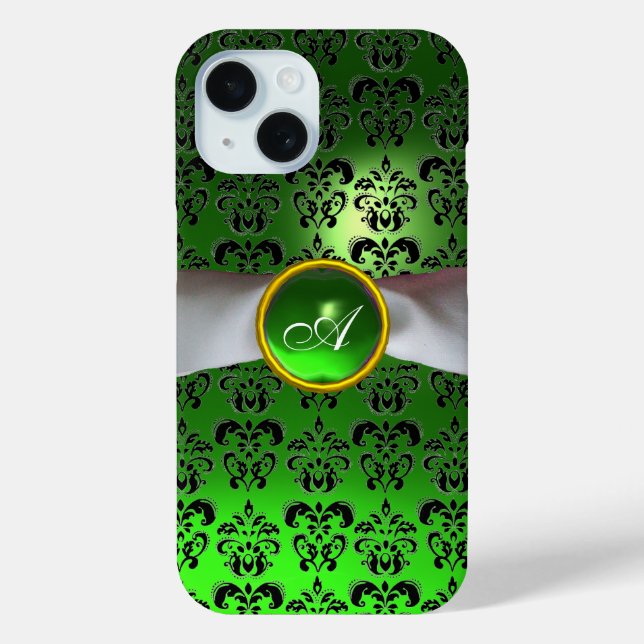 DAMASK MÄDLICH MONOGRAMM, grünes, weißes Band iPhone 15 Hülle (Rückseite)