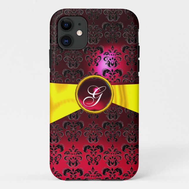 DAMASK MÄDLICH MONOGRAMM, rotes, goldgelbes Band Case-Mate iPhone Hülle (Rückseite)