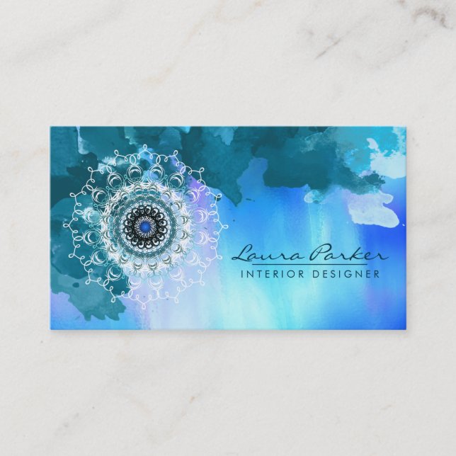 Damask Mandala Sea Abstrakt Watercolor Blue Visitenkarte (Vorderseite)