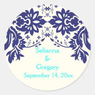 Damask Marine blau, aqua, Hochzeit Save the Date Runder Aufkleber