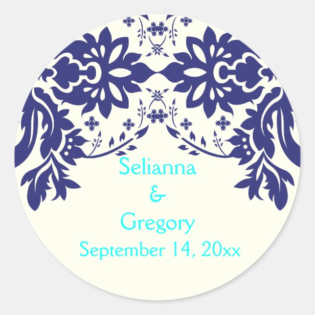 Damask Marine blau, aqua, Hochzeit Save the Date Runder Aufkleber (Vorderseite)