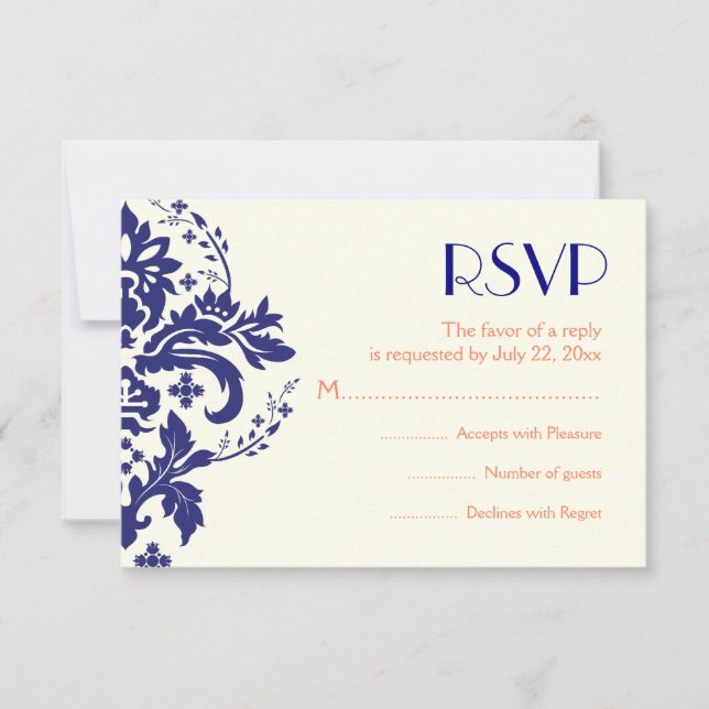 Damask Marine blau, Korallenhochzeit RSVP Antwortk (Vorderseite)