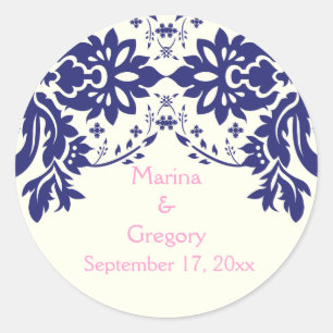 Damask Marine blau, pink, Hochzeit Save the Date Runder Aufkleber