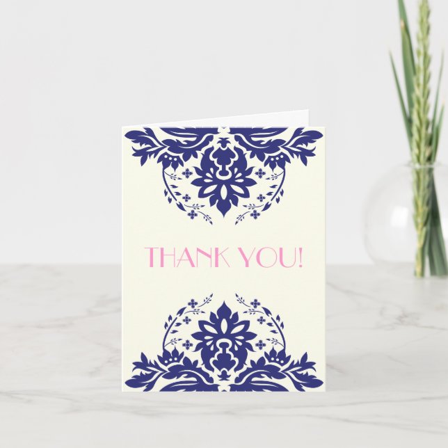Damask Marine blau, rosa Hochzeit Danke (Vorderseite)