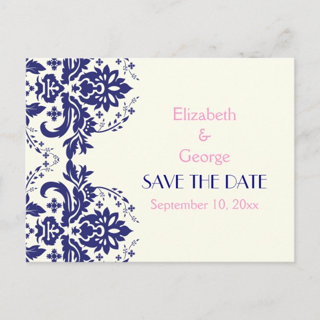 Damask Marine blau, rosa Hochzeit Save the Date Ankündigungspostkarte (Vorderseite)