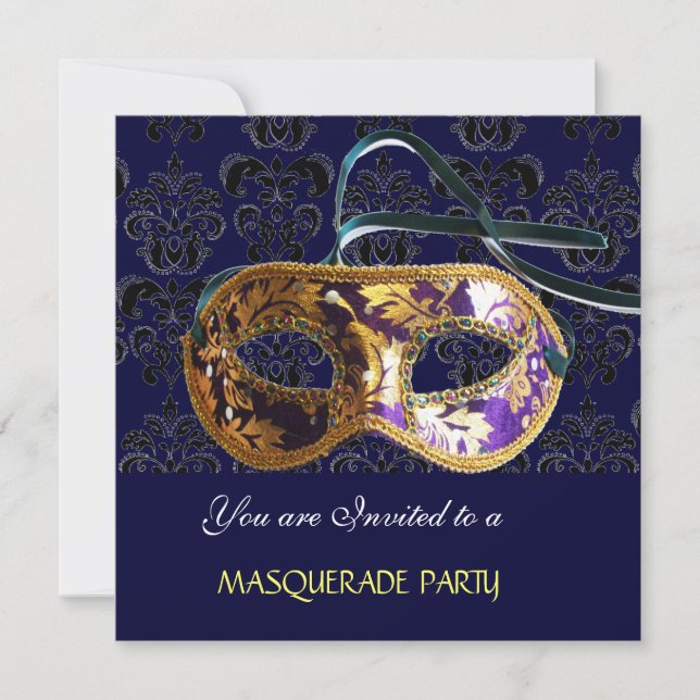 DAMASK MASQUERADE PARTY blau Einladung (Vorderseite)