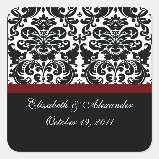 Damask Merlot Red Brautparty Square Aufkleber (Vorderseite)